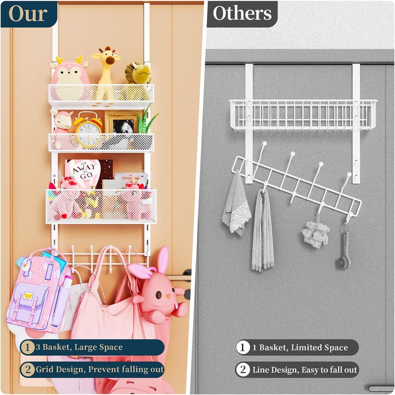 Consumest Over The Door Hooks Organizer - 4 Tier Door Coat Rack with 3 Baskets and 12 Hooks, Stainless Steel Towel Hanger for Bedroom, Bathroom, Living Room, White - Image 3